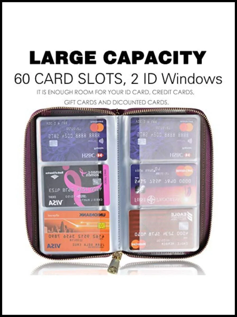 Genuine Leather RFID Zipper Card Case Wallet 60 Slots